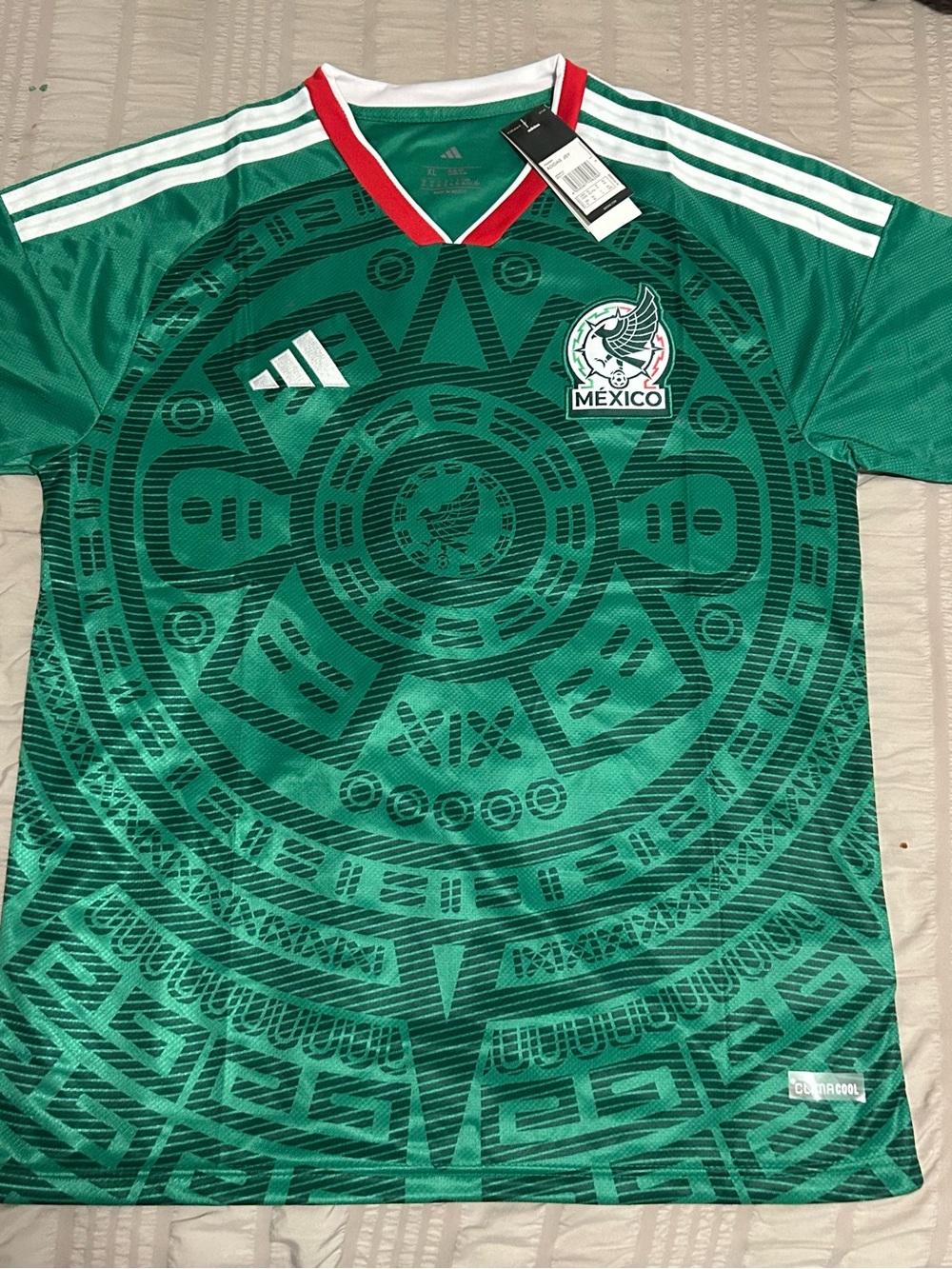 adidas Green Mexico Soccer Jersey with White Stripes and Red Trim